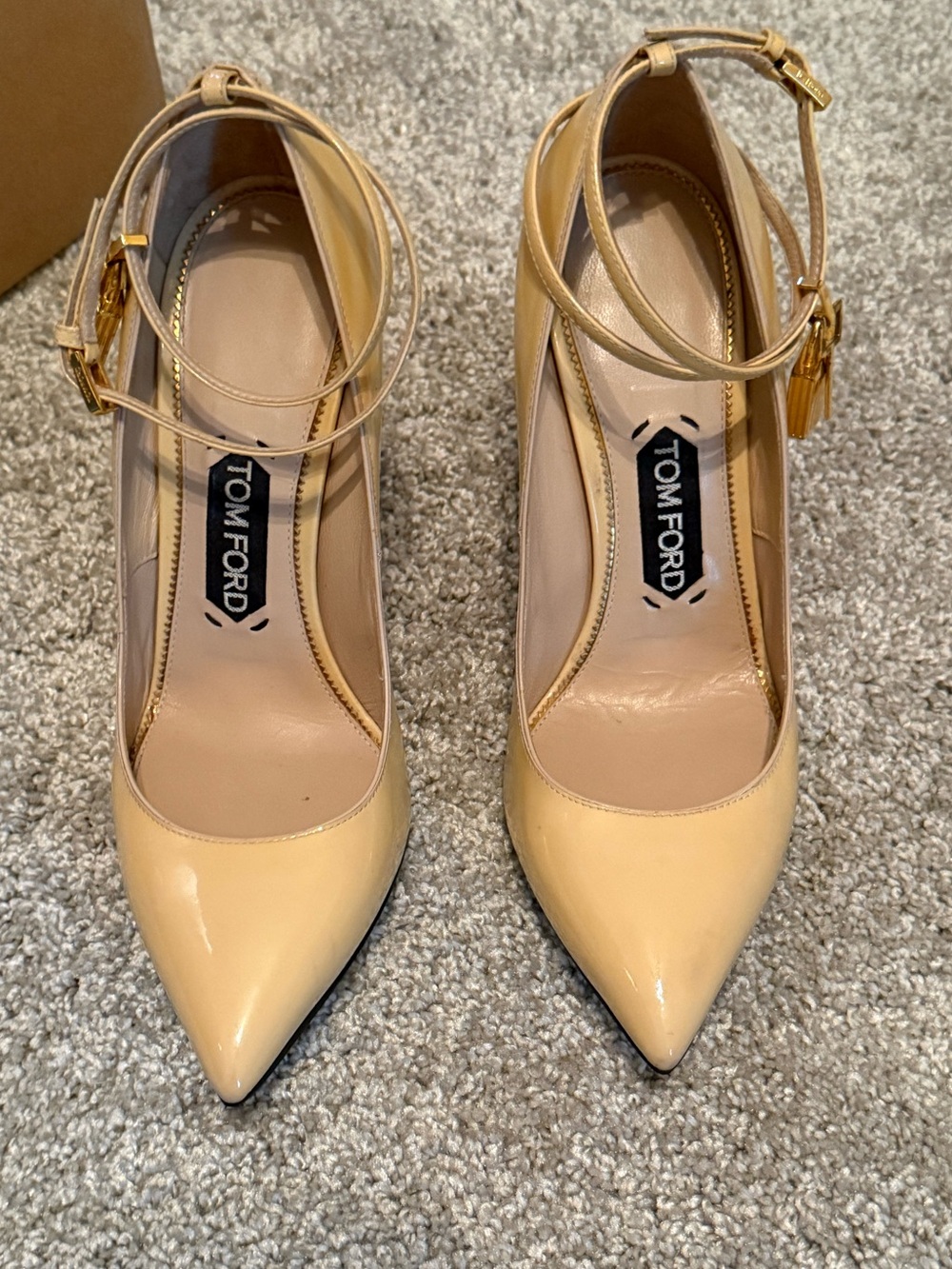 Tom Ford Nude Patent Leather Pointed Toe Stiletto Heels with Gold Lock Accent - Picture 7 of 14
